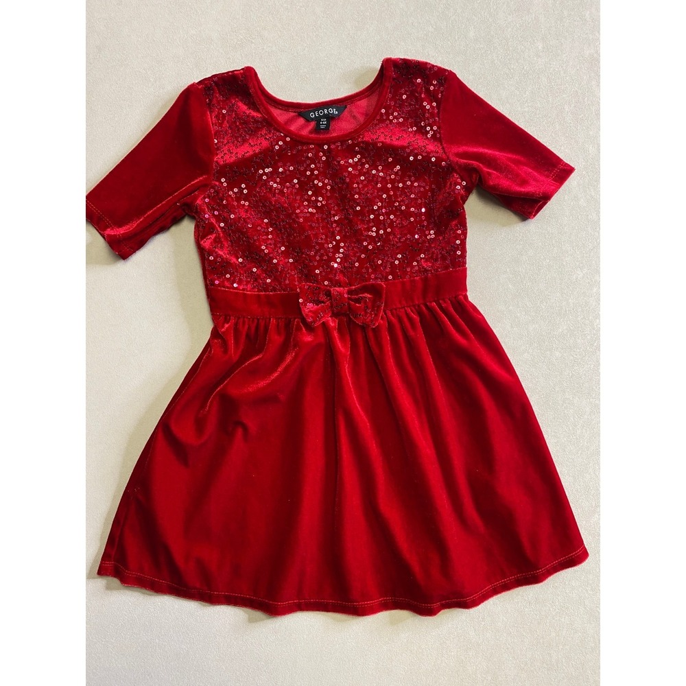 George Girls Red Velvet Sequin Holiday Party Dress Size 6-6X Bow Accent